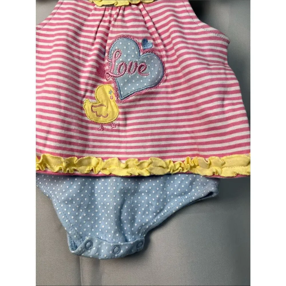 Duck Duck Goose dress with attached bodysuit pink and white with appliqué NWT
